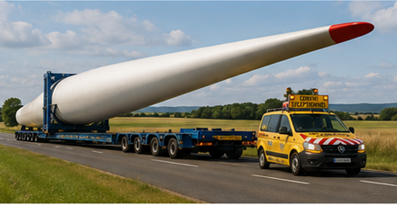 Windturbinebladen en apparatuur voor hernieuwbare energie vervoerd met zwaartransporttrucks