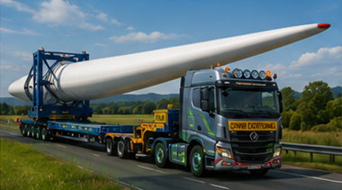 Gespecialiseerde trailer die een windturbineblad door Europa vervoert